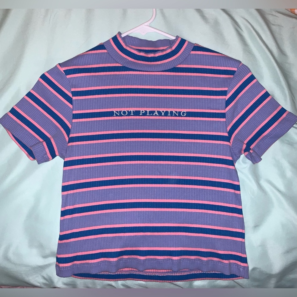 Lazy Oaf Not Playing baby tee, pink purple and blue stripes